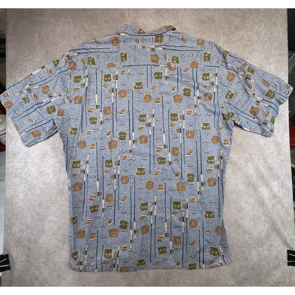 Vintage Burma Bibas Mens L Fishing Shirt Cotton Lawn Fly Rod Lure Novelty Print - Picture 6 of 11